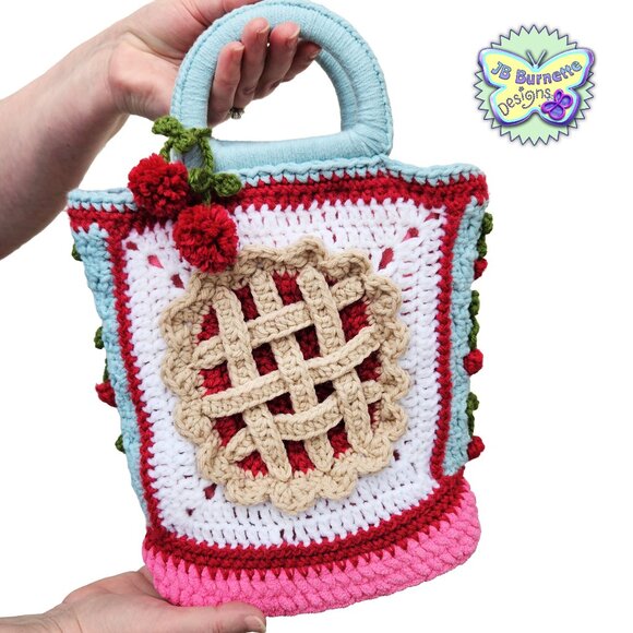 JB Burnette Designs Handbags - Handmade Crochet Cherry Pie Bag, Solid-Bottom Handbag, Baker's Purse, Coffee Fan
